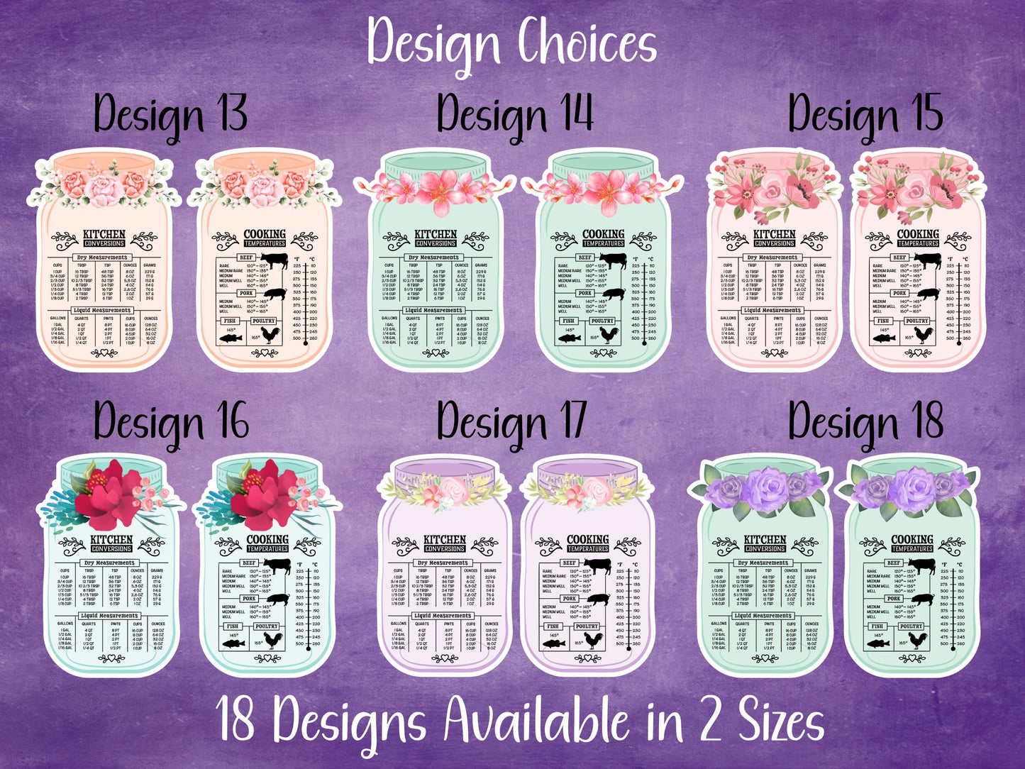 Floral Mason Jar Kitchen Measurement Conversion Refrigerator Sticker or Magnet, 2 Piece Set, 2 Sizes, 18 Designs