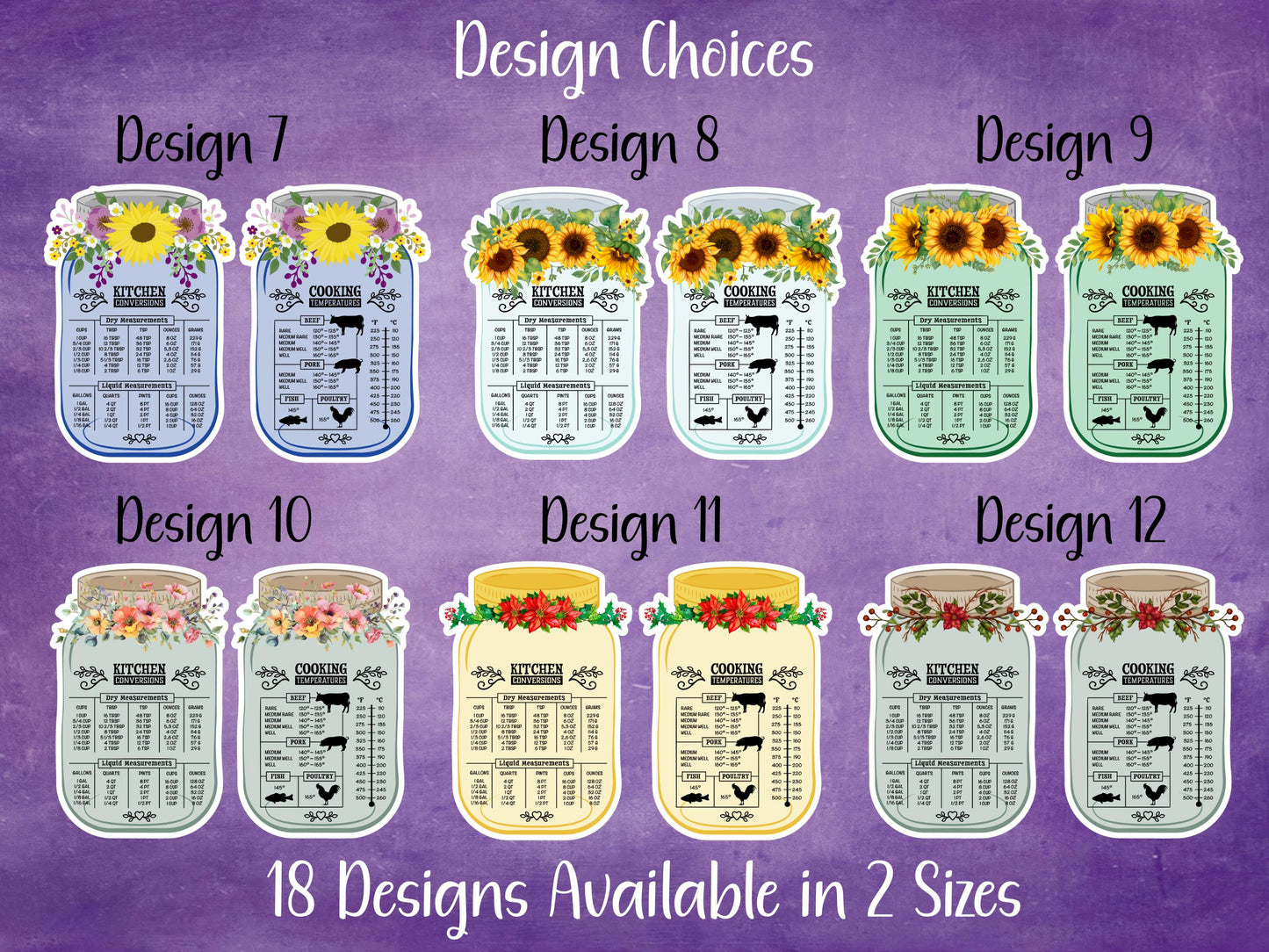 Floral Mason Jar Kitchen Measurement Conversion Refrigerator Sticker or Magnet, 2 Piece Set, 2 Sizes, 18 Designs