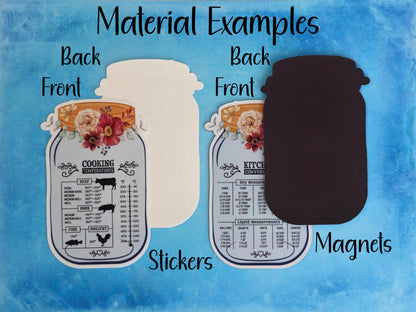 Floral Mason Jar Kitchen Measurement Conversion Refrigerator Sticker or Magnet, 2 Piece Set, 2 Sizes, 18 Designs