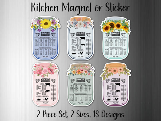 Floral Mason Jar Kitchen Measurement Conversion Refrigerator Sticker or Magnet, 2 Piece Set, 2 Sizes, 18 Designs