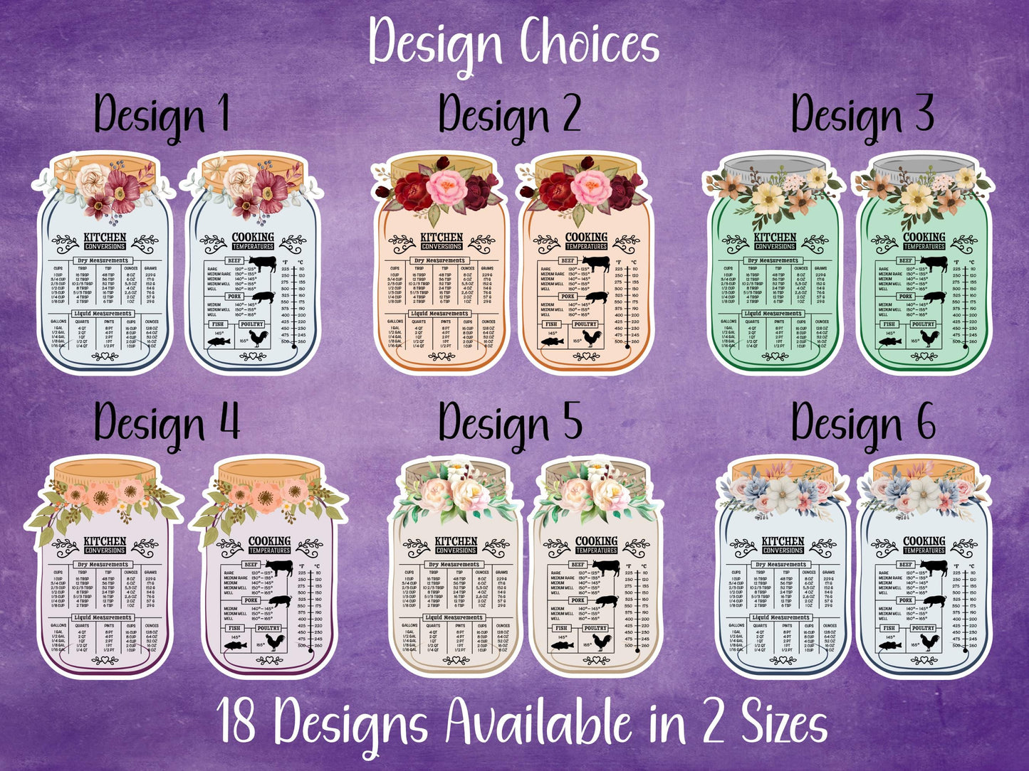 Floral Mason Jar Kitchen Measurement Conversion Refrigerator Sticker or Magnet, 2 Piece Set, 2 Sizes, 18 Designs