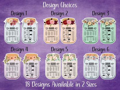 Floral Mason Jar Kitchen Measurement Conversion Refrigerator Sticker or Magnet, 2 Piece Set, 2 Sizes, 18 Designs