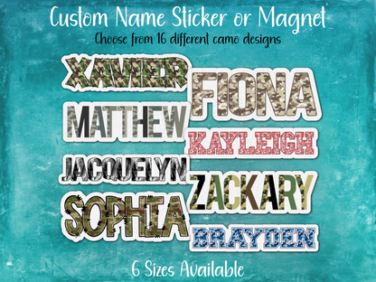 Camouflage Print Custom Name Sticker or Magnet