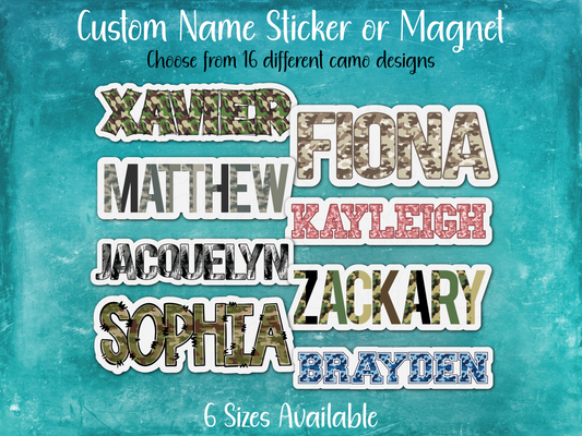 Camouflage Print Custom Name Sticker or Magnet