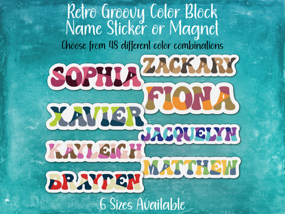 Retro Groovy Color Block Custom Name Sticker or Magnet