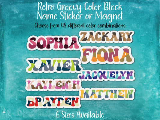 Retro Groovy Color Block Custom Name Sticker or Magnet