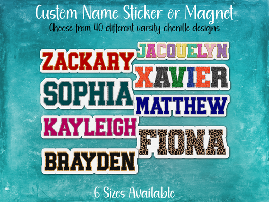 Faux Chenille Letter Jacket Design Custom Name Sticker or Magnet