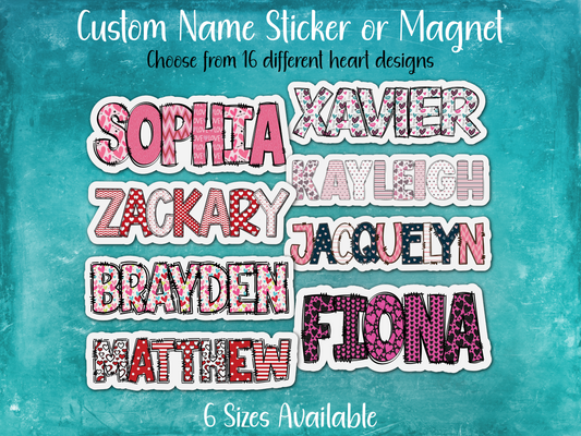 Hearts Custom Name Sticker or Magnet