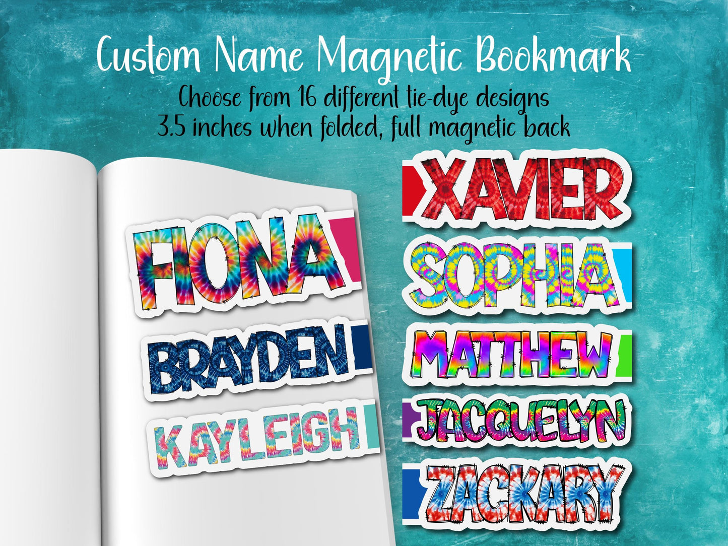 Tie Dye Custom Name Magnetic Bookmark | 16 Different Designs