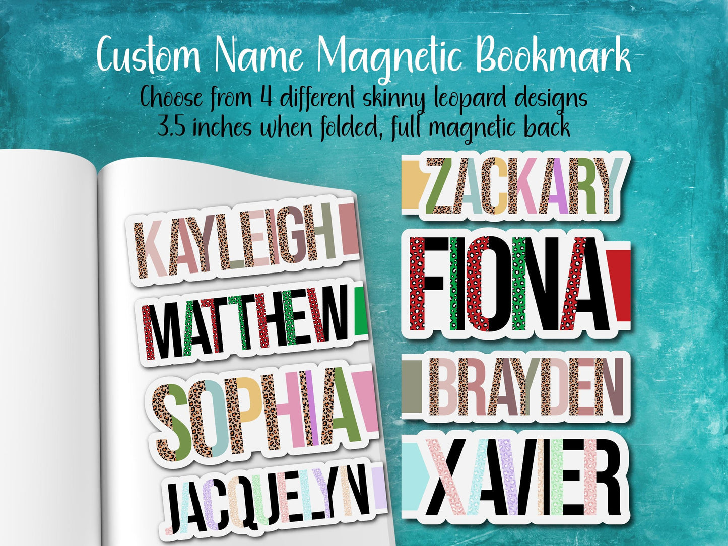 Leopard Print Custom Name Magnetic Bookmark | 4 Different Designs