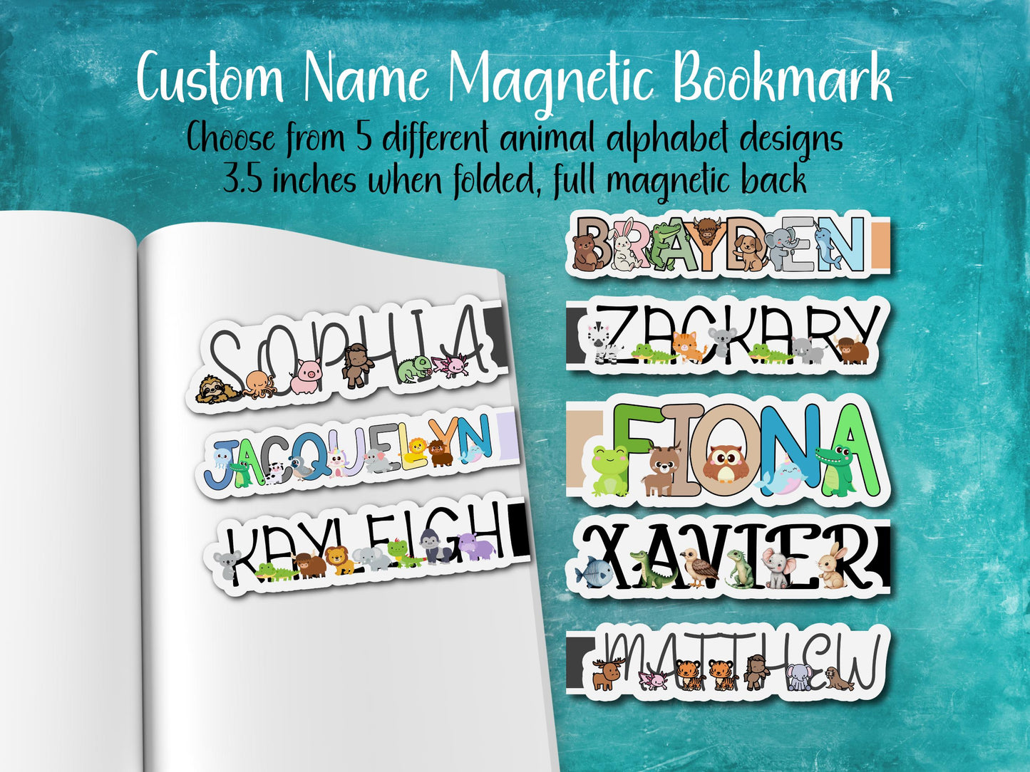 Animal Alphabet Custom Name Magnetic Bookmark | 5 Different Designs