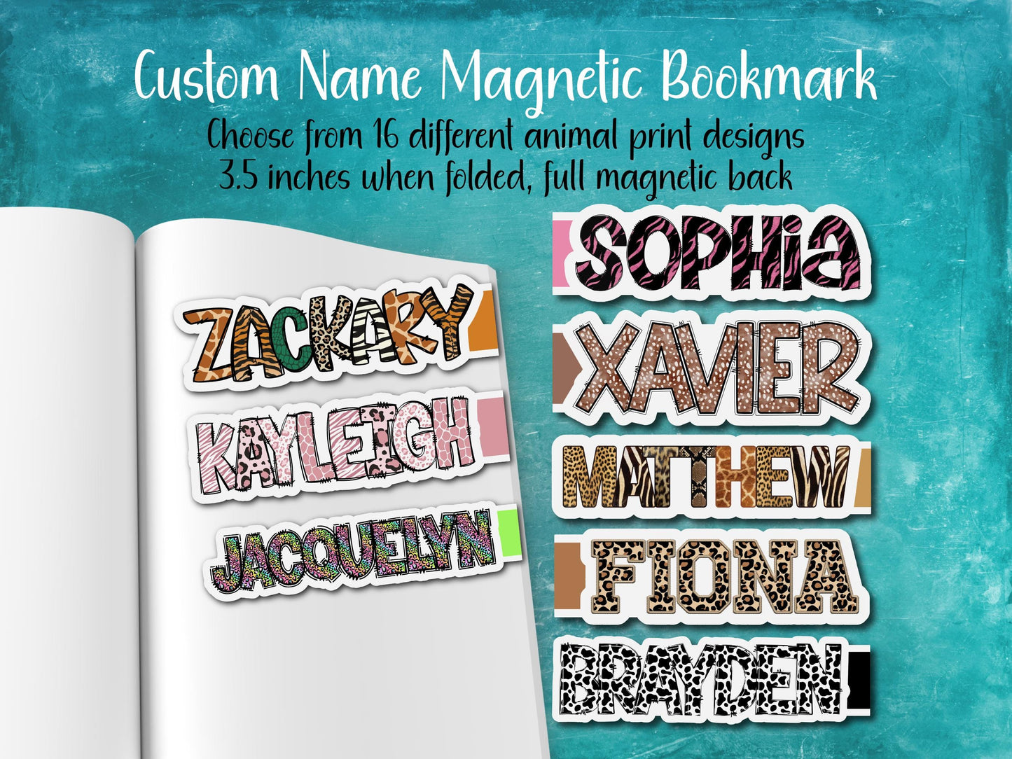 Animal Print Custom Name Magnetic Bookmark | 16 Different Designs