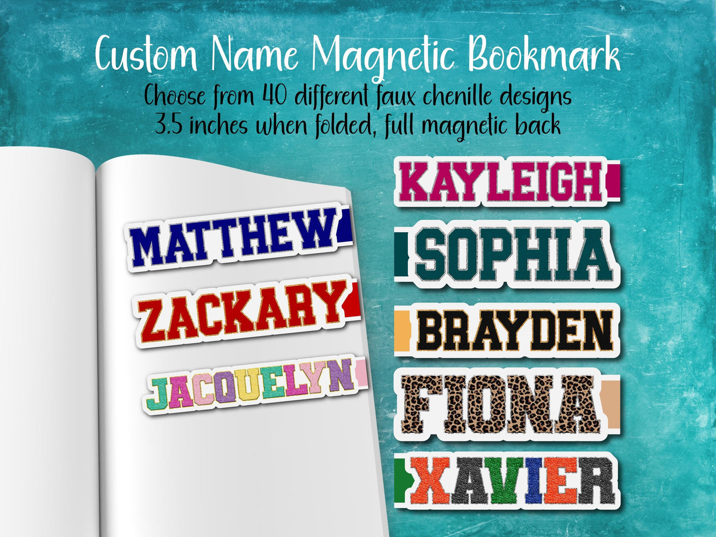 Faux Chenille Custom Name Magnetic Bookmark | 40 Different Designs