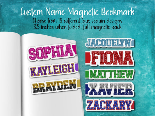 Faux Sequin Custom Name Magnetic Bookmark | 18 Different Designs