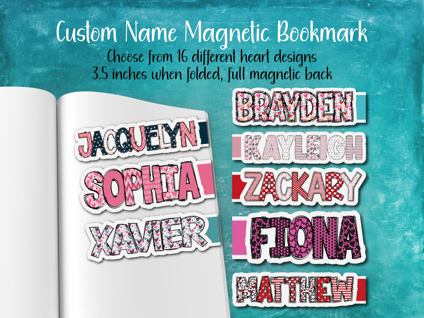 Hearts Custom Name Magnetic Bookmark | 16 Different Designs