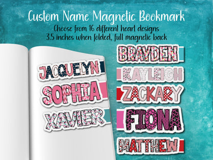 Hearts Custom Name Magnetic Bookmark | 16 Different Designs